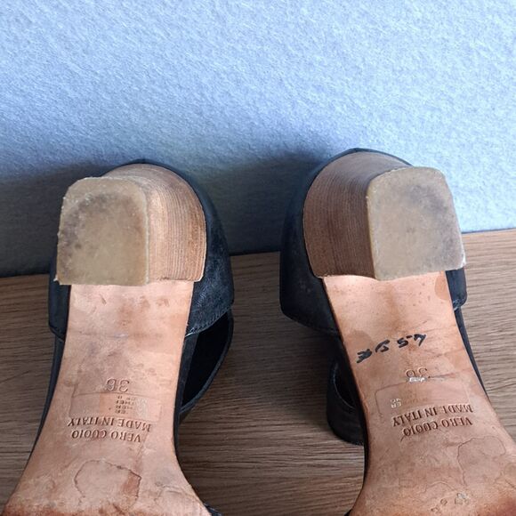 Melin Vintage Leather Ankle Strap Sandals Women 36 Black Block Heel Wood Detail - Picture 12 of 13